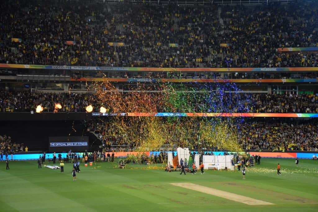 Colorful streamers celebrate Australia's win over New Zealand at the 2015 ICC Men's Cricket World Cup Final in Melbourne, Australia.