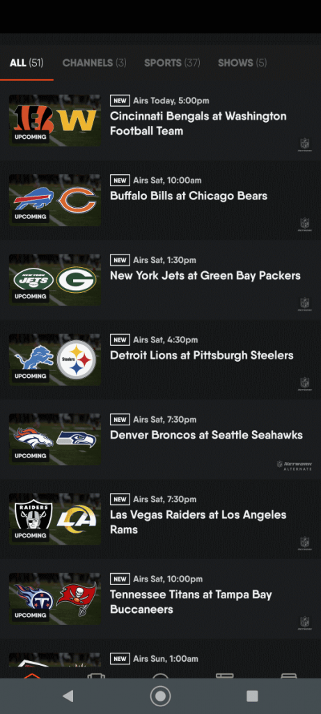 Fubo NFL on Android showing games for live streaming in a list