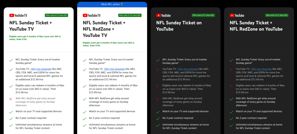 NFL Sunday Ticket plans for streaming live on YouTube TV
