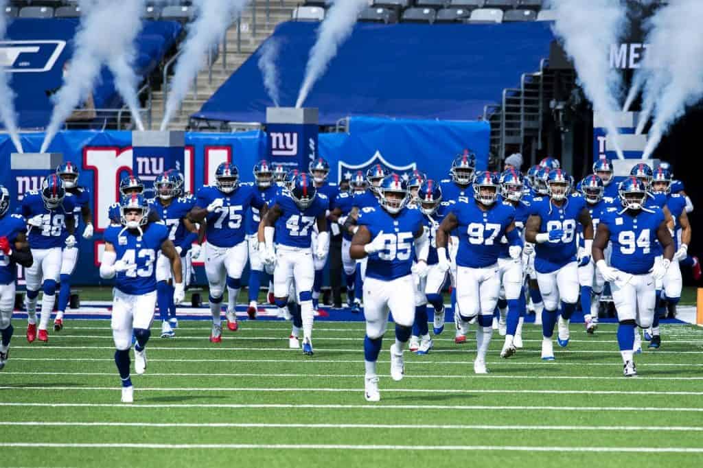 The New York Giants take the field against the Washington Football Team on October 18, 2020