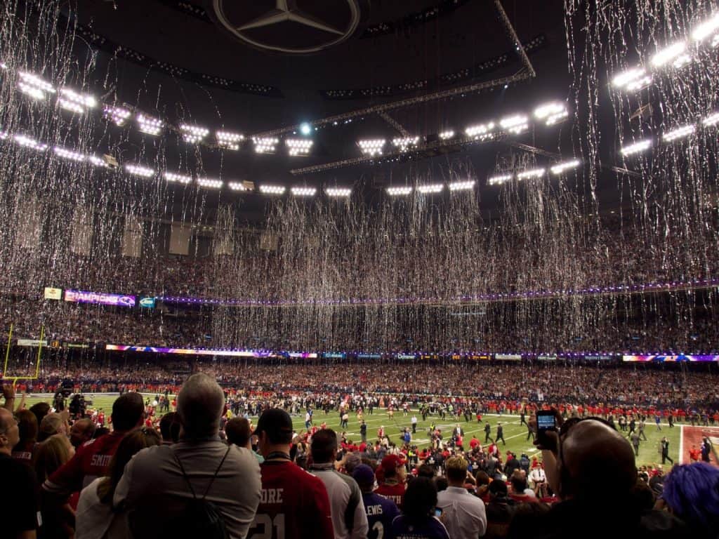 Postgame victory confetti at the Mercedes-Benz Superdome after the Baltimore Ravens won Super Bowl XLVII -- February 3, 2013